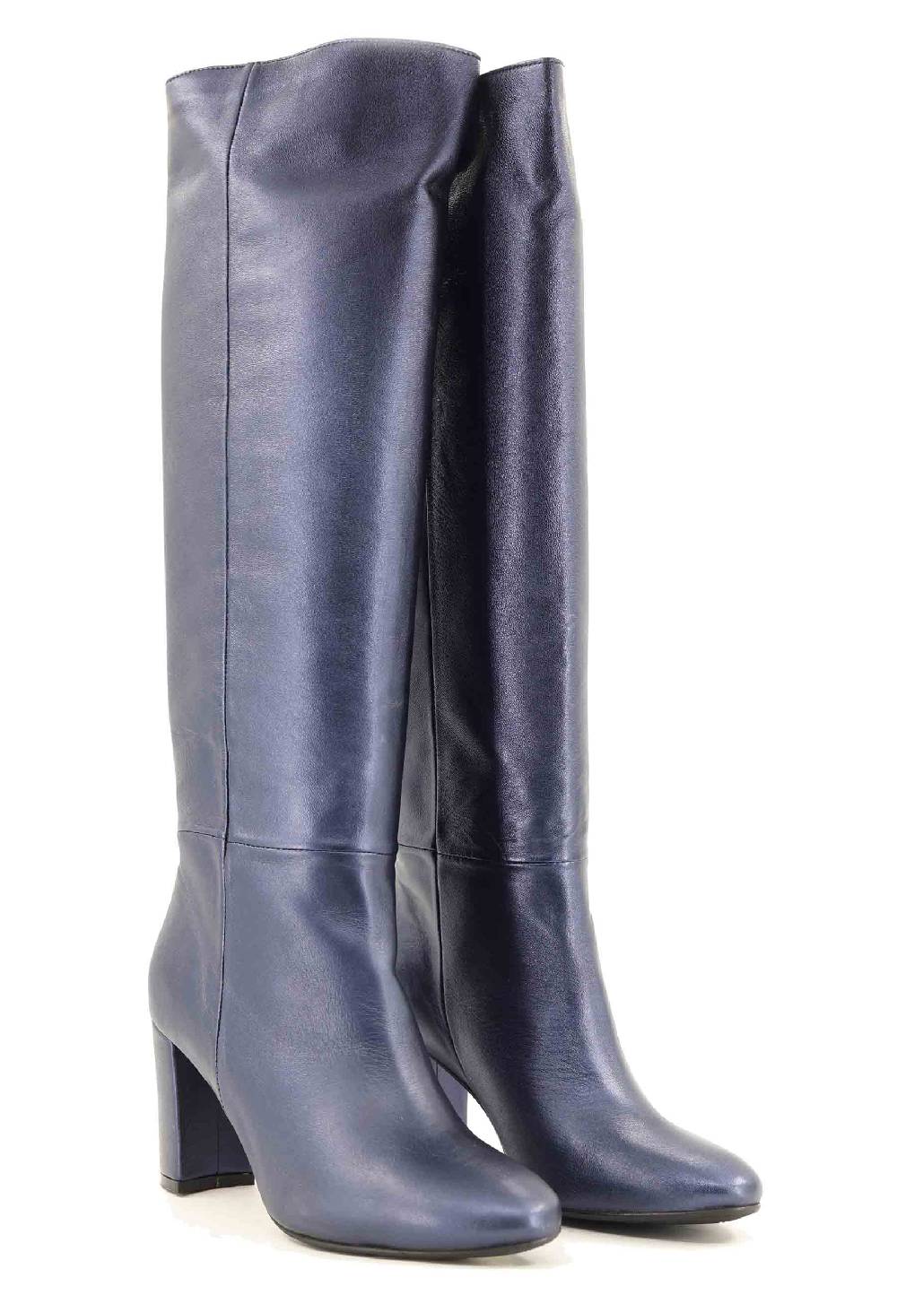 L'ARIANNA Stivali ST1689 a tubo in pelle lamin blu con punta tonda Negozio