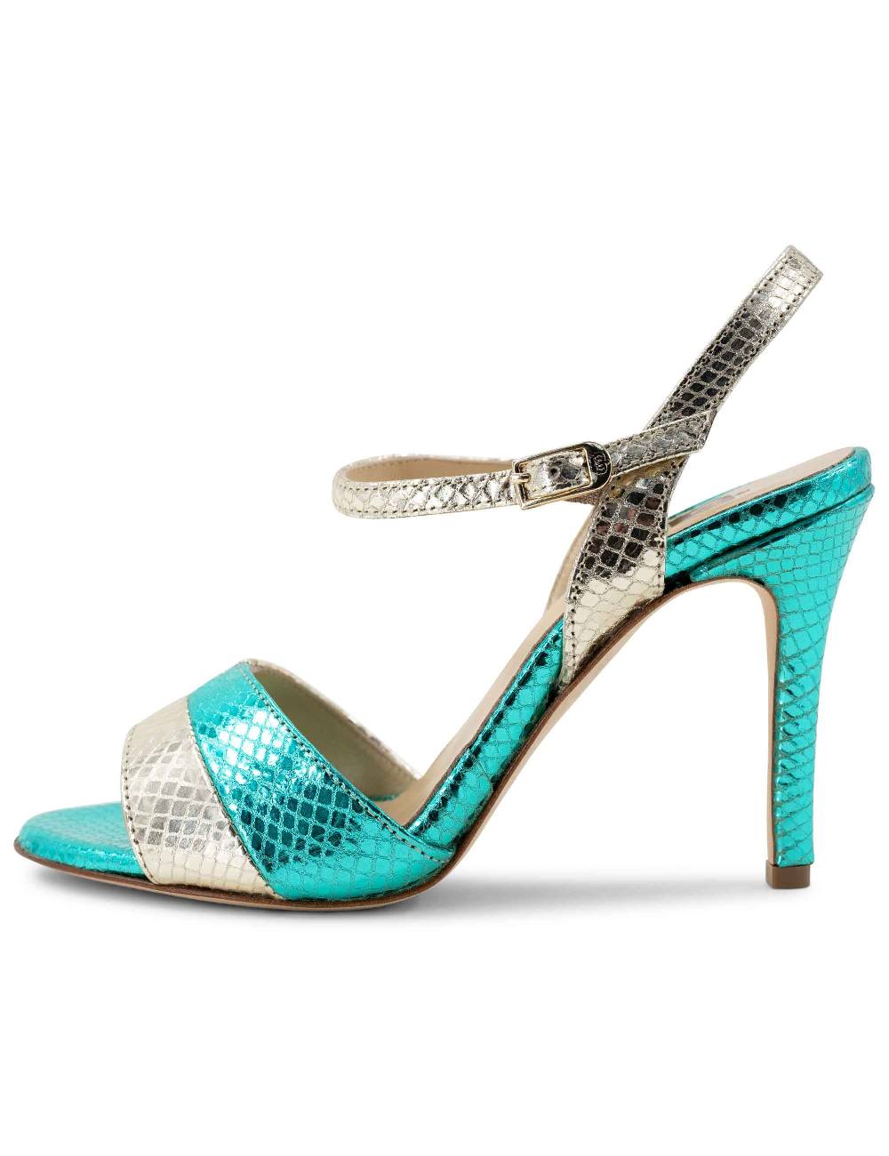 L'ARIANNA Sandali ds1643 da donna in pelle laminata rettile verde e argento con tacco alto e con cinturino alla caviglia Offerte