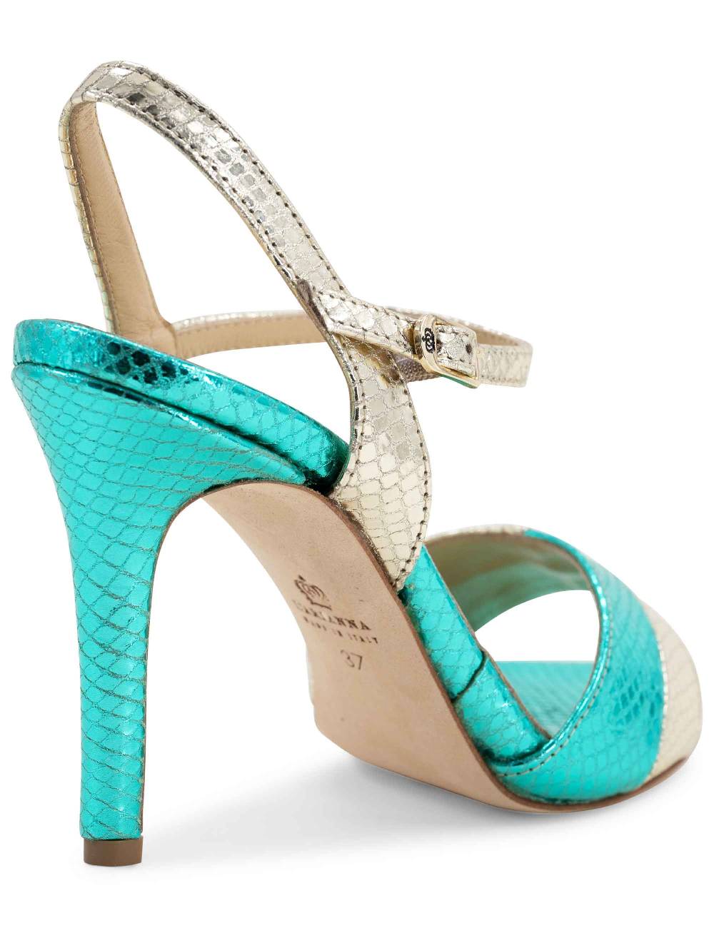 L'ARIANNA Sandali ds1643 da donna in pelle laminata rettile verde e argento con tacco alto e con cinturino alla caviglia Offerte