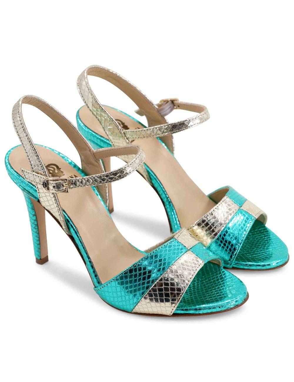 L'ARIANNA Sandali ds1643 da donna in pelle laminata rettile verde e argento con tacco alto e con cinturino alla caviglia Offerte