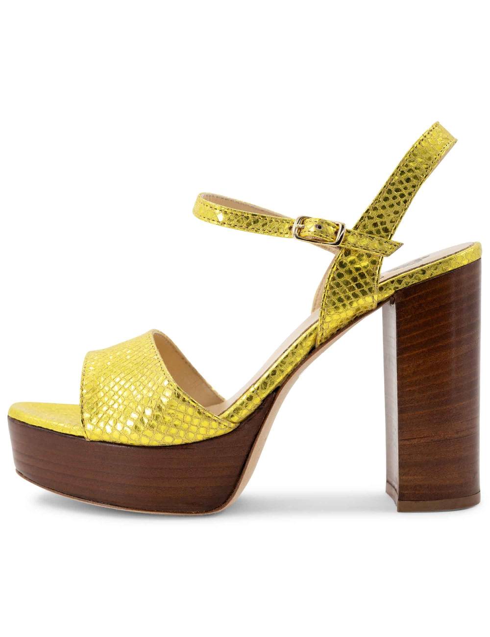 L'ARIANNA Sandali DS1610 donna in pelle stampata laminata giallo con tacco alto e plateau Vendita Economica