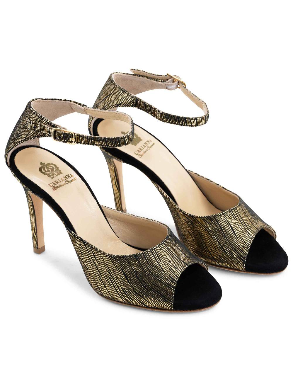 L'ARIANNA Sandali DS1518 donna in camoscio nero e lucry oro con tacco alto e cinturino alla caviglia L'Arianna Negozio