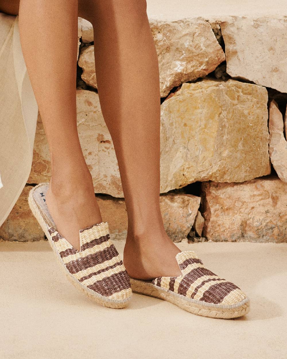 Manebí Raffia Stripes Mules - Cocoa \u0026 Natural Spedizione Gratuita