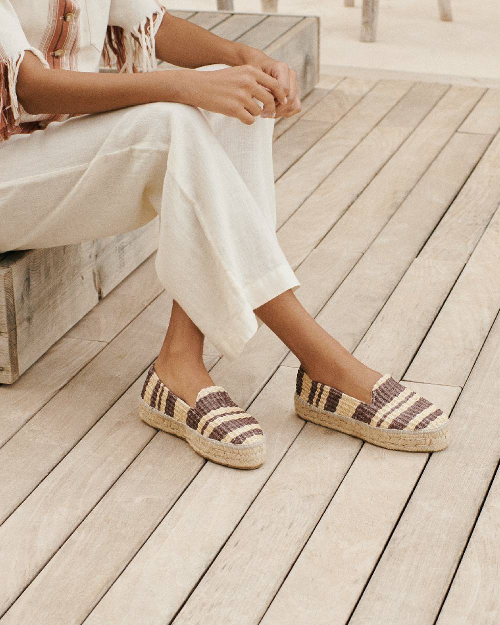 Manebí Raffia Stripes Double Sole Espadrilles - Cocoa \u0026 Natural Pezzi Unici