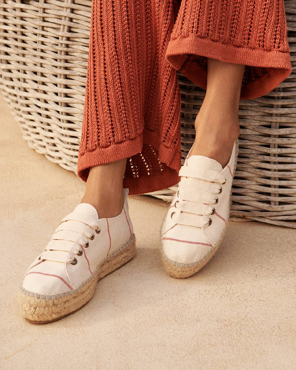 Manebí Woven Canvas|Lace-Up Espadrilles - Red Micro Stripes On Beige Soddisfazione Garantita