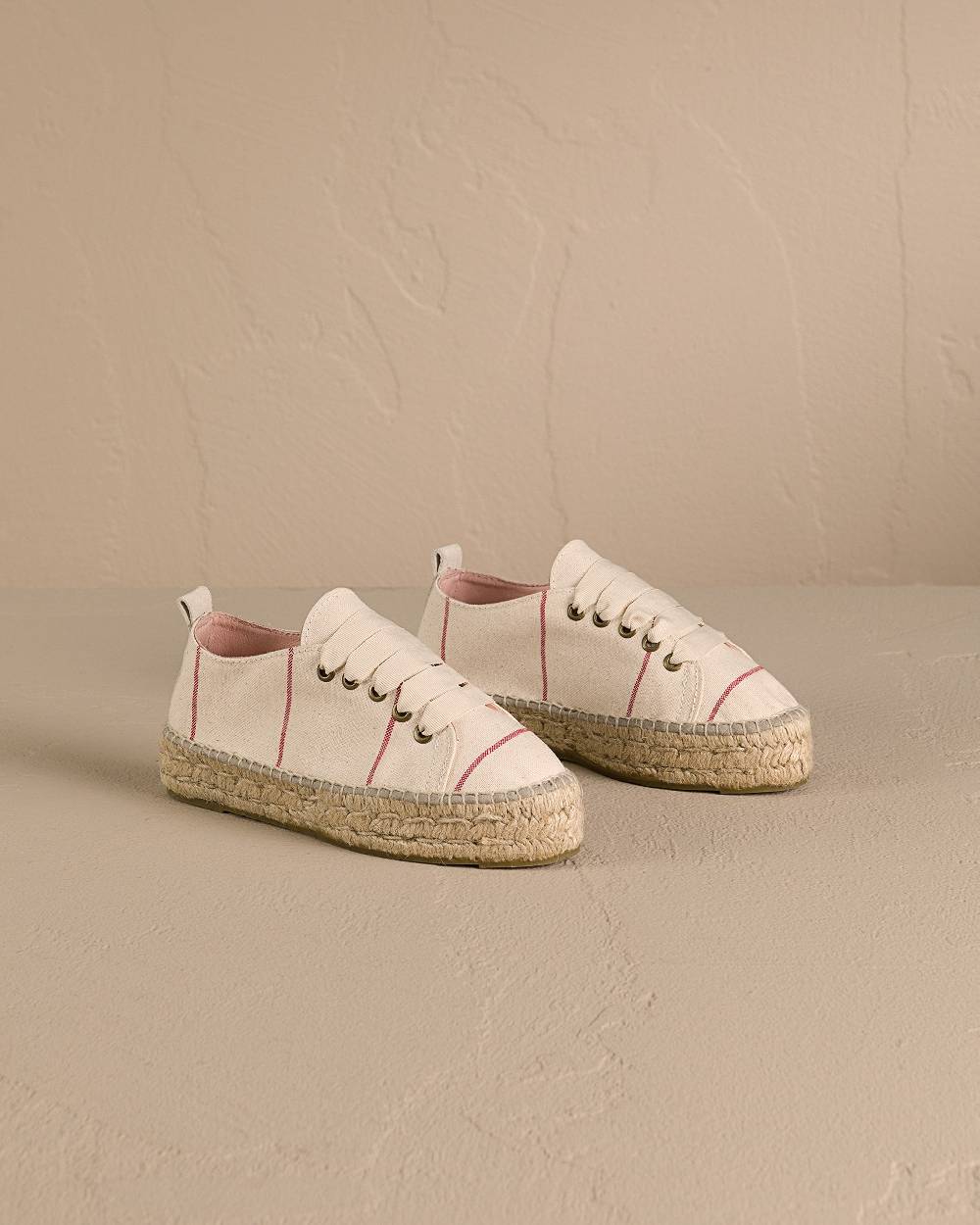Manebí Woven Canvas|Lace-Up Espadrilles - Red Micro Stripes On Beige Soddisfazione Garantita