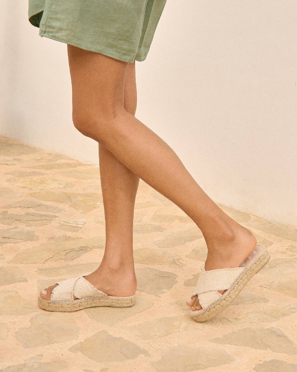 Manebí Coarse Woven Canvas Crossed Bands|Double Sole Sandals - Natural Negozi Online