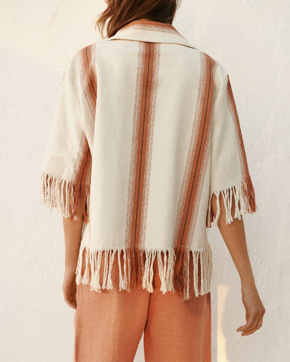 Manebí Cotton Silk Blend Cumana Shirt - Eggnog \u0026 Rust Stripes And Fringes Economico