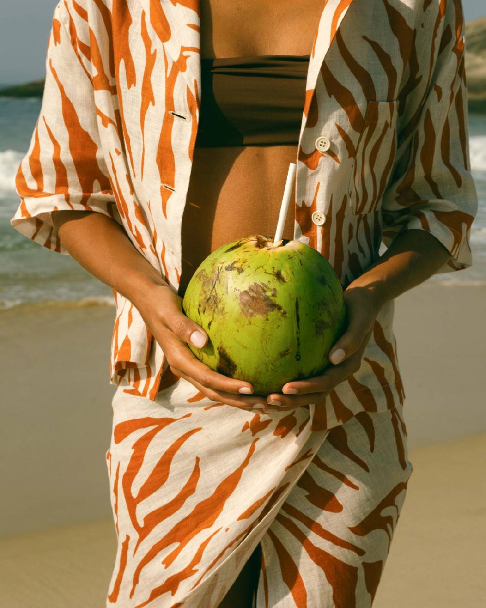 Manebí Printed Linen Cumana Shirt - Eggnog \u0026 Orange Rust Zebra Negozio