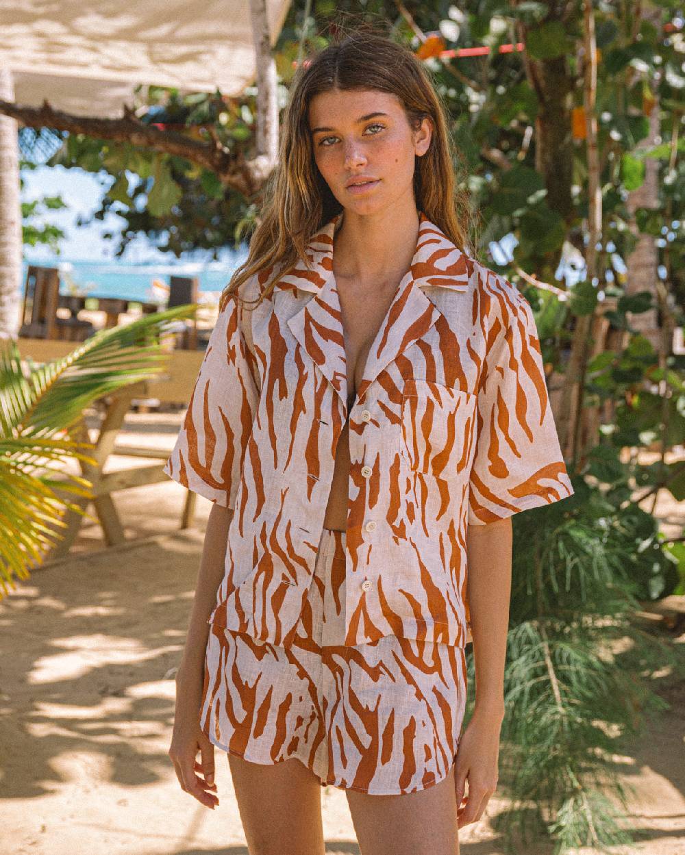 Manebí Printed Linen Cumana Shirt - Eggnog \u0026 Orange Rust Zebra Negozio