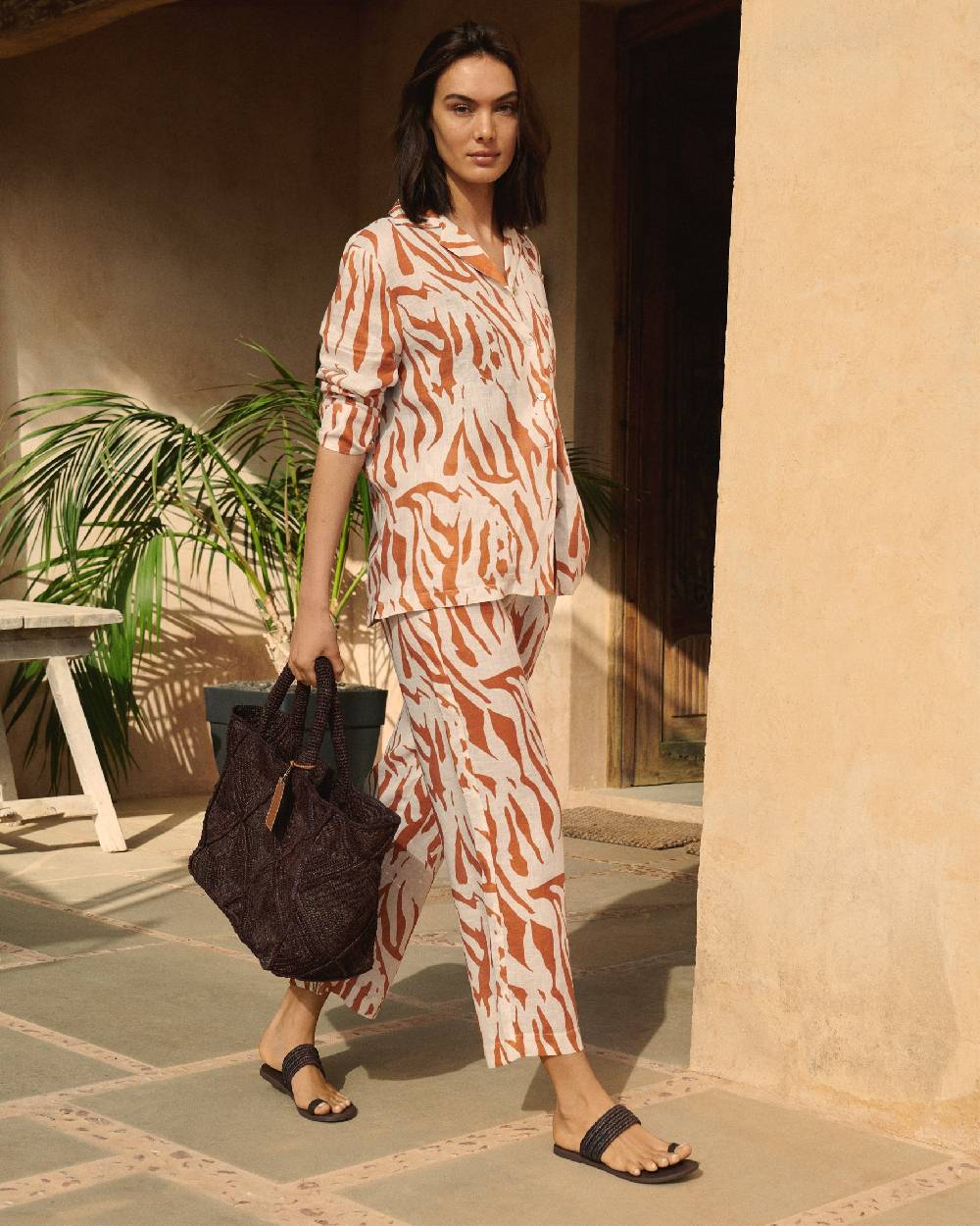 Manebí Printed Linen Natal Shirt - Eggnog \u0026 Orange Rust Zebra Nuova