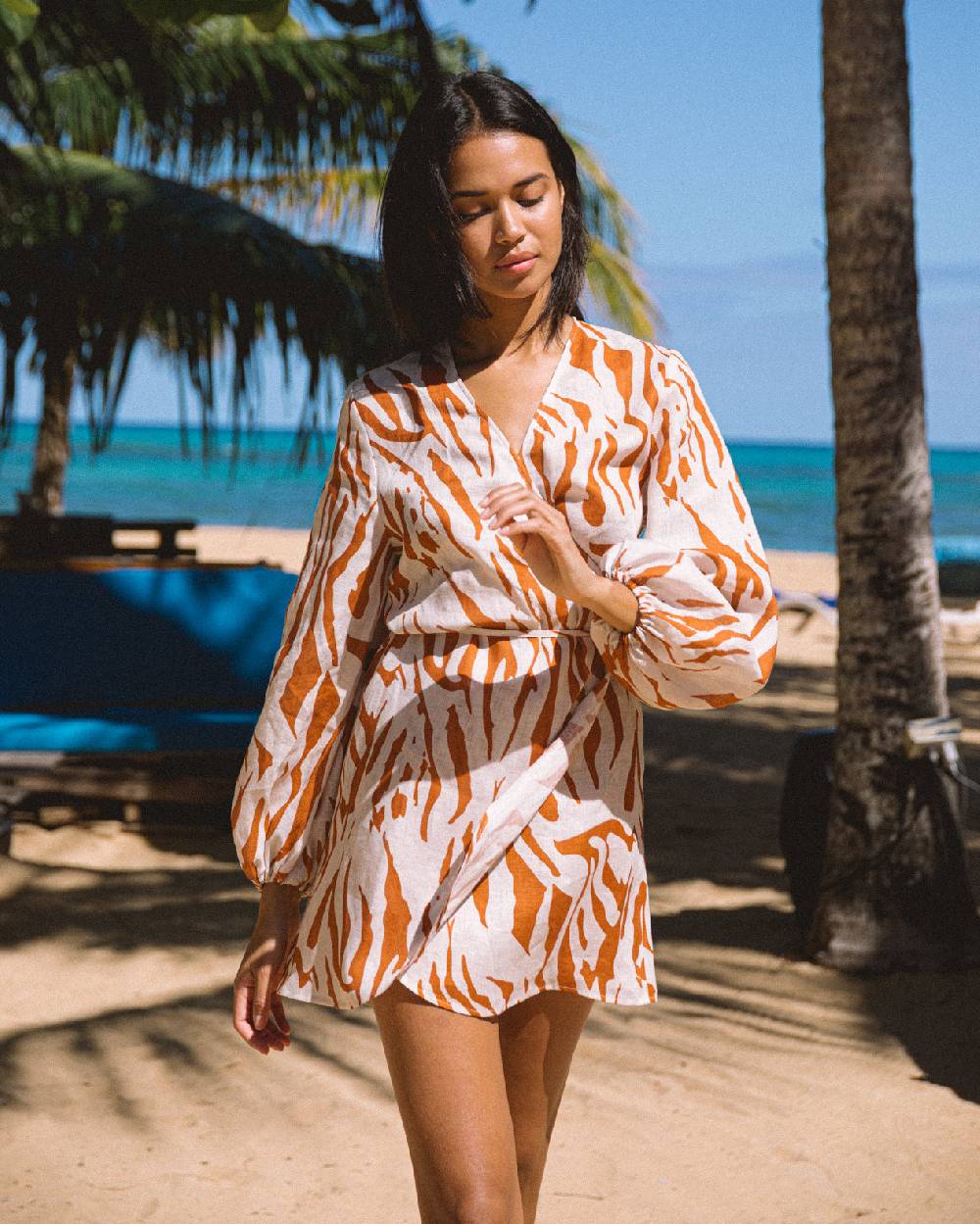 Manebí Printed Linen Caracas Dress - Eggnog \u0026 Orange Rust Zebra 2025