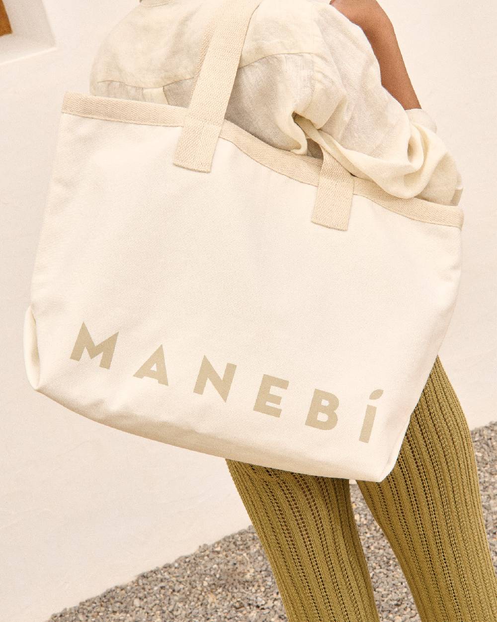 Manebí Canvas California Tote Bag - White With Beige Logo Shopping Online