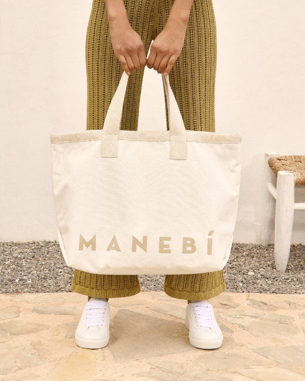 Manebí Canvas California Tote Bag - White With Beige Logo Shopping Online