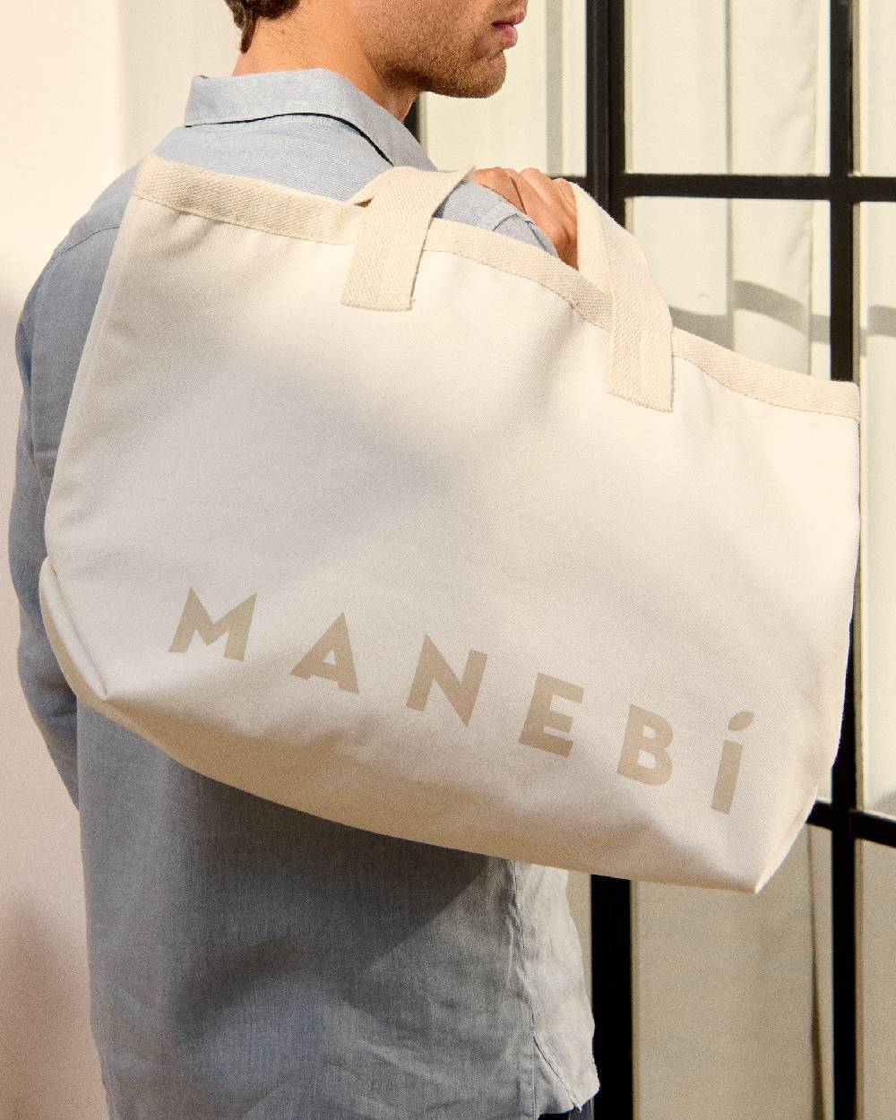 Manebí Canvas California Tote Bag - White With Beige Logo Shopping Online