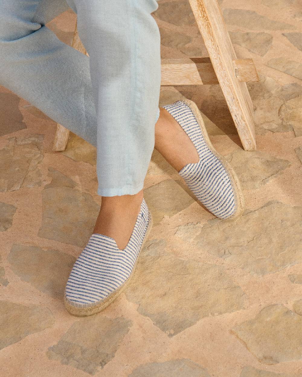 Manebí Recycled Cotton Canvas Espadrilles - Navy Blue Micro Stripes On Beige Prezzo Ridotto