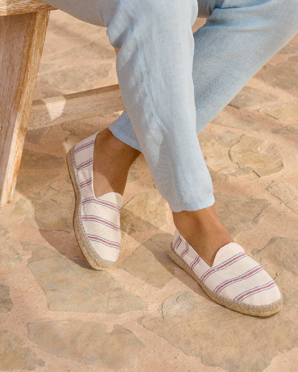 Manebí Recycled Cotton Canvas Espadrilles - Red \u0026 Navy Blue Micro Stripes On Beige Novità