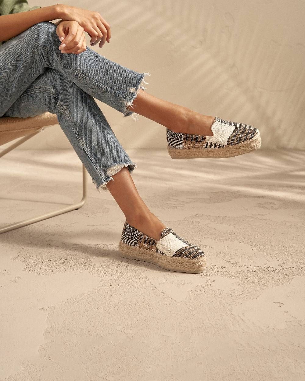 Manebí Silk And Cotton Patchwork|Double Sole Espadrilles - Yucatán White Natural And Black Negozi Online