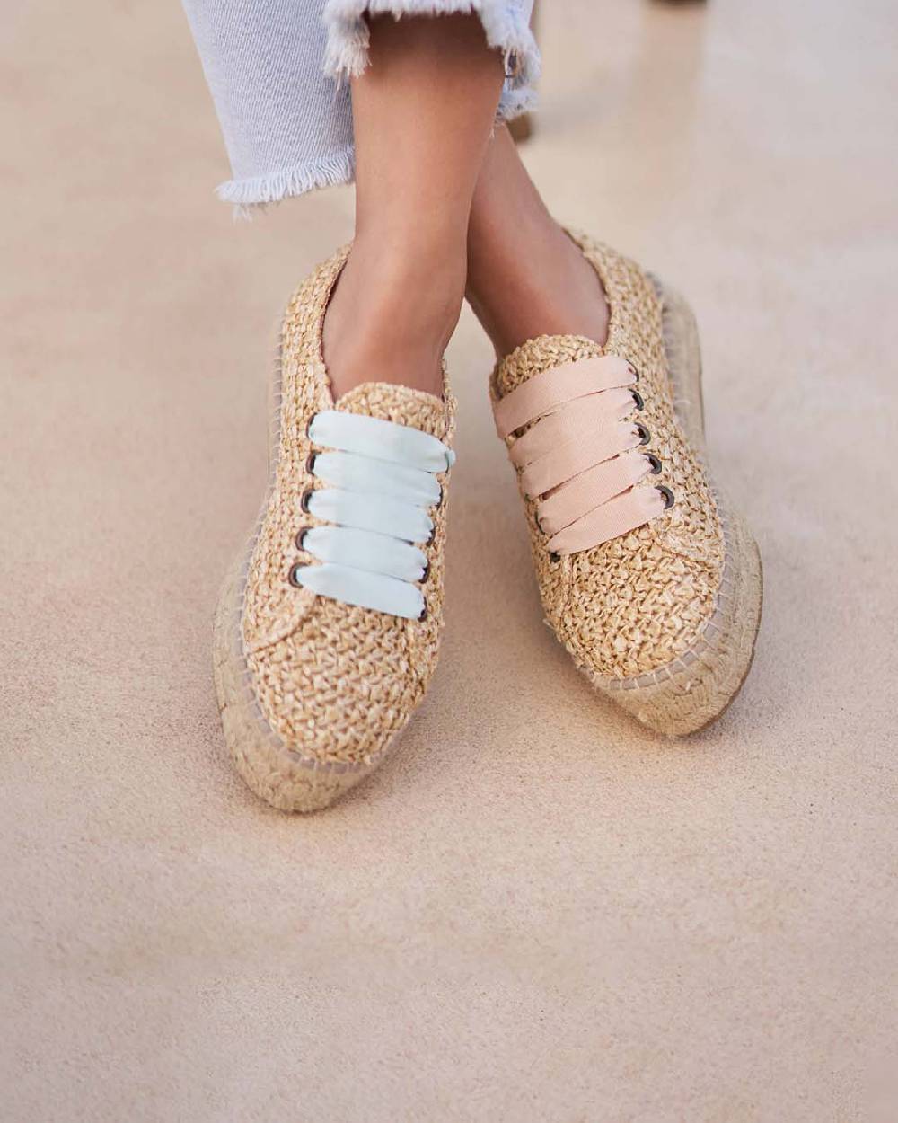 Manebí Raffia Lace-Up Espadrilles - Pink, Light Blue \u0026 Pastel Rose Laces Raffia Net Sconto