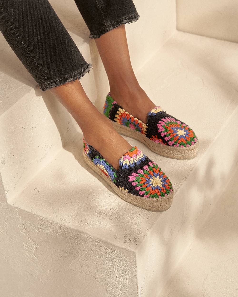 Manebí Cotton Crochet Double Sole Espadrilles - Yucatán Orange And Pink On Black Online