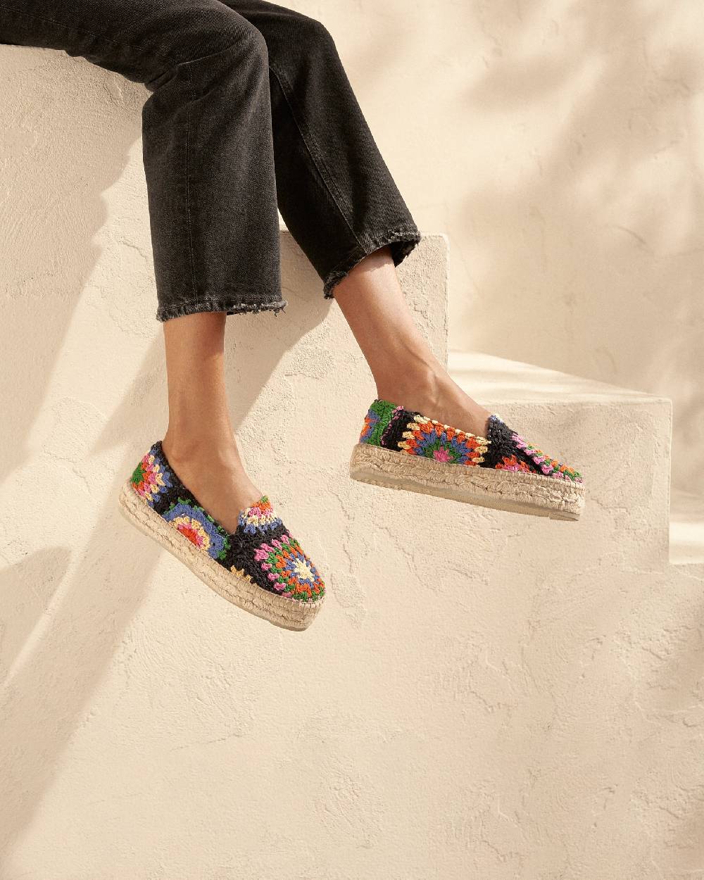 Manebí Cotton Crochet Double Sole Espadrilles - Yucatán Orange And Pink On Black Online