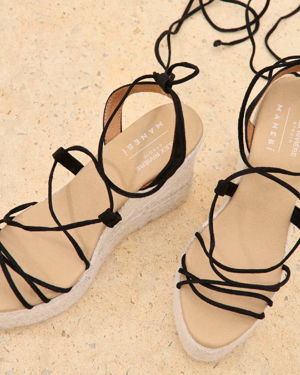 Manebí Portofino Soft Suede|Wedge Espadrilles - Lace-Up Black Offerta