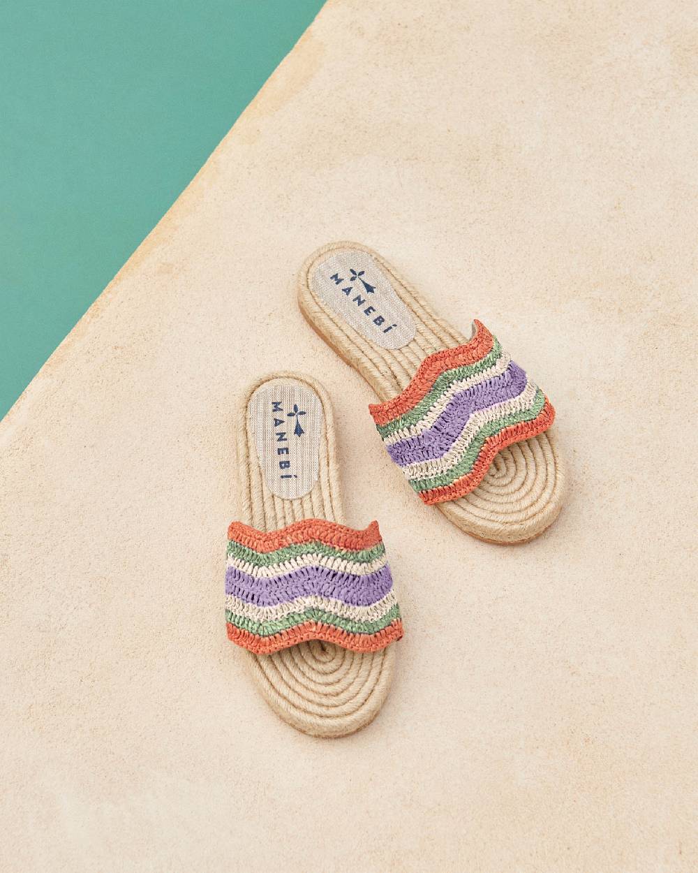 Manebí Raffia Crochet Jute Sandals - Yucatán Sage And Orange Rust Stripes Shopping online