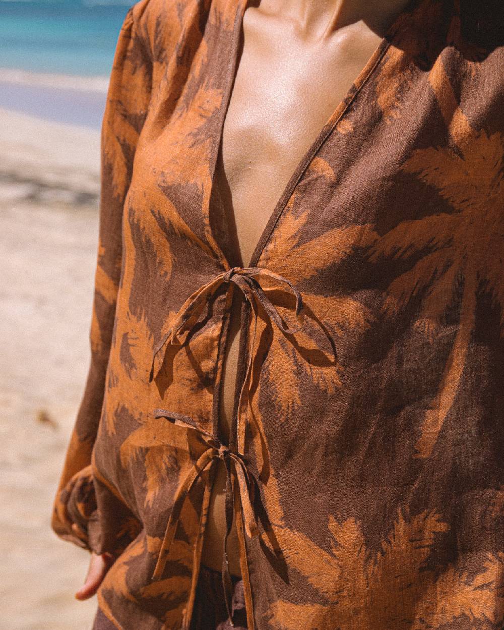 Manebí Printed Linen Cancun Shirt - Cocoa \u0026 Orange Rust Maxi Palm Sostegno trimestrale