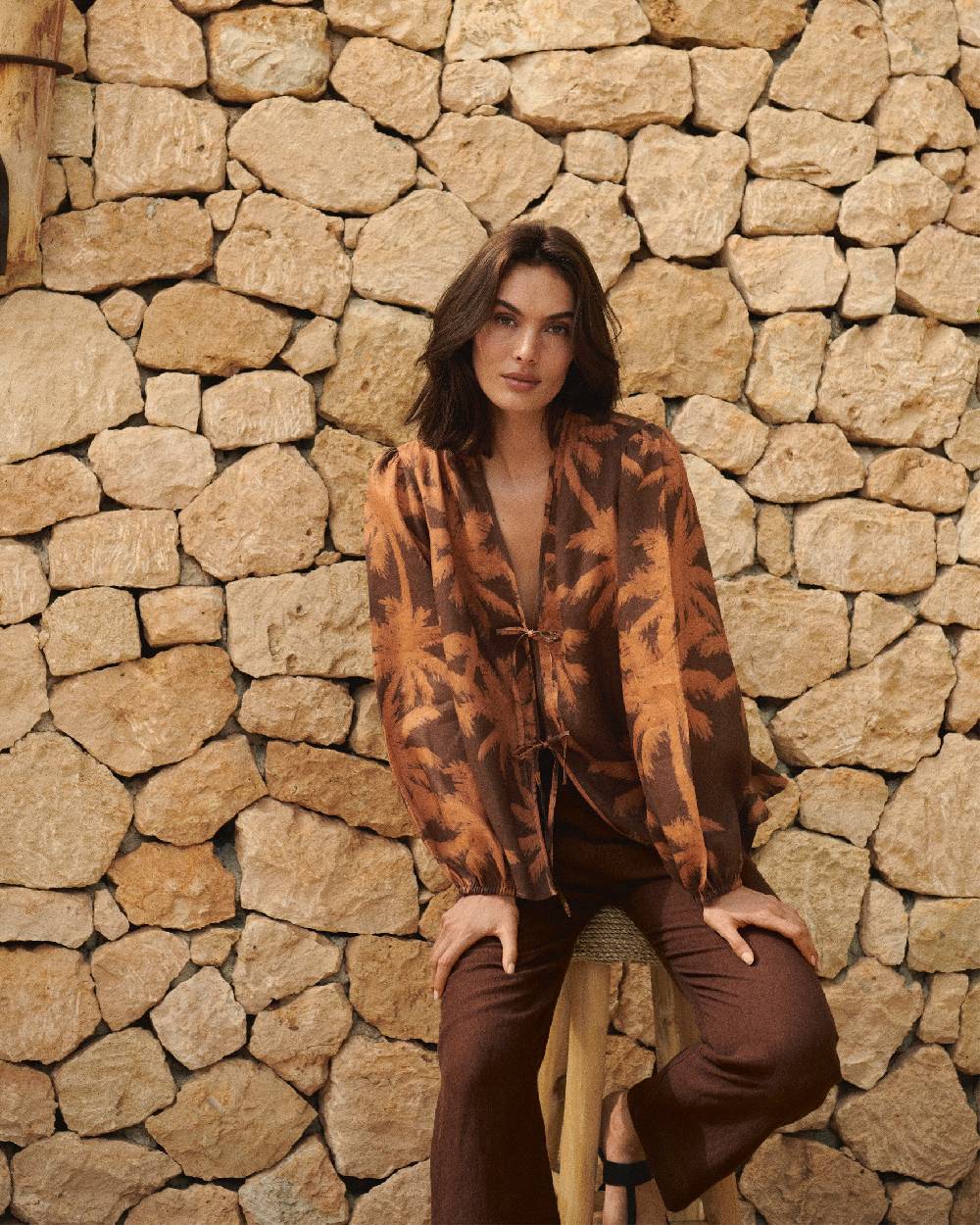 Manebí Printed Linen Cancun Shirt - Cocoa \u0026 Orange Rust Maxi Palm Sostegno trimestrale