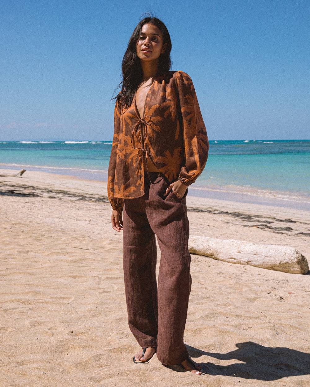 Manebí Printed Linen Cancun Shirt - Cocoa \u0026 Orange Rust Maxi Palm Sostegno trimestrale