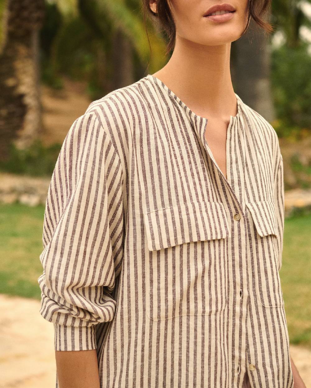 Manebí Valparaiso Shirt - Viscose Blend Off White \u0026 Cocoa Stripes Solo un giorno rimasto