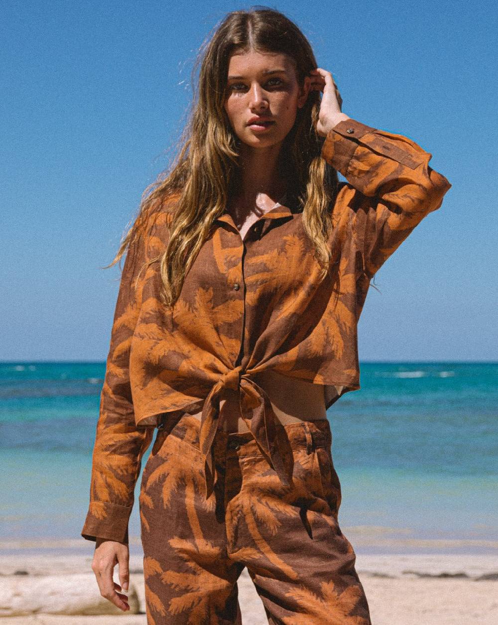Manebí Printed Linen Santos Shirt - Cocoa \u0026 Orange Rust Maxi Palm Super sconto