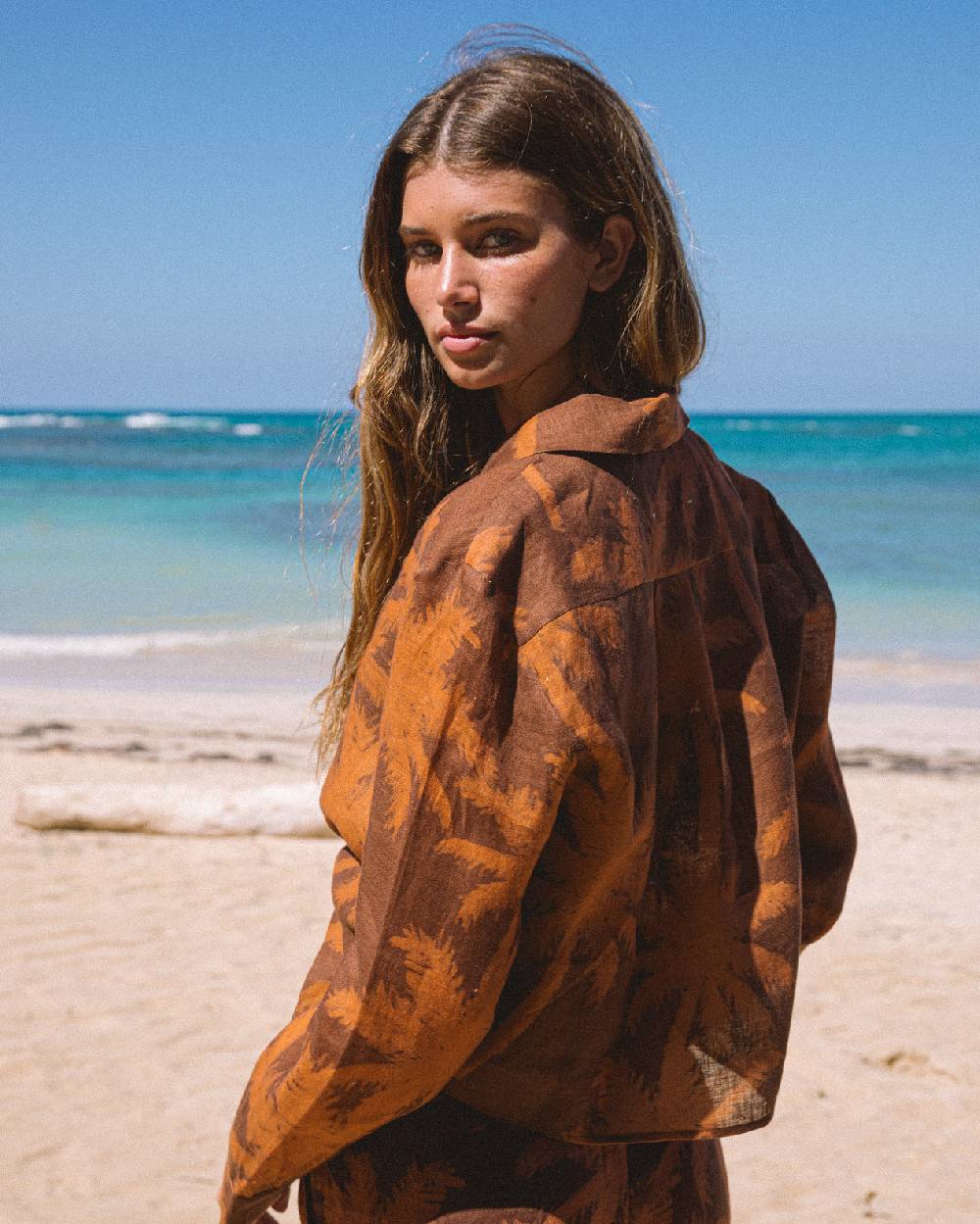 Manebí Printed Linen Santos Shirt - Cocoa \u0026 Orange Rust Maxi Palm Super sconto
