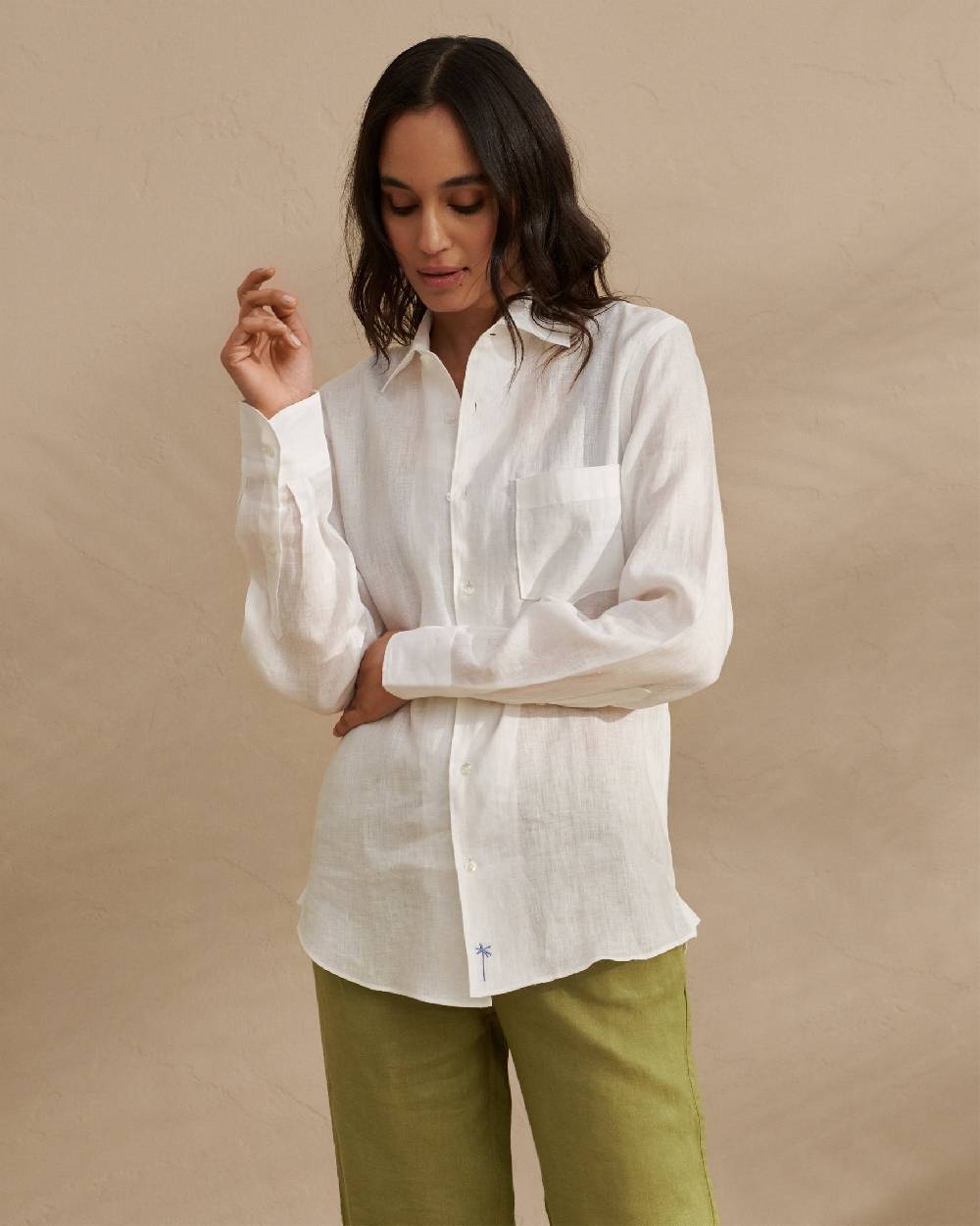 Manebí Linen Panama Shirt - Embroidered Palm White Limitato a 3 giorni