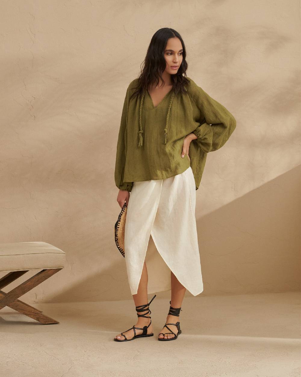 Manebí Linen Gauze Mykonos Shirt - Hand Braided Cord Kaki Green 50% di sconto per tempo limitato