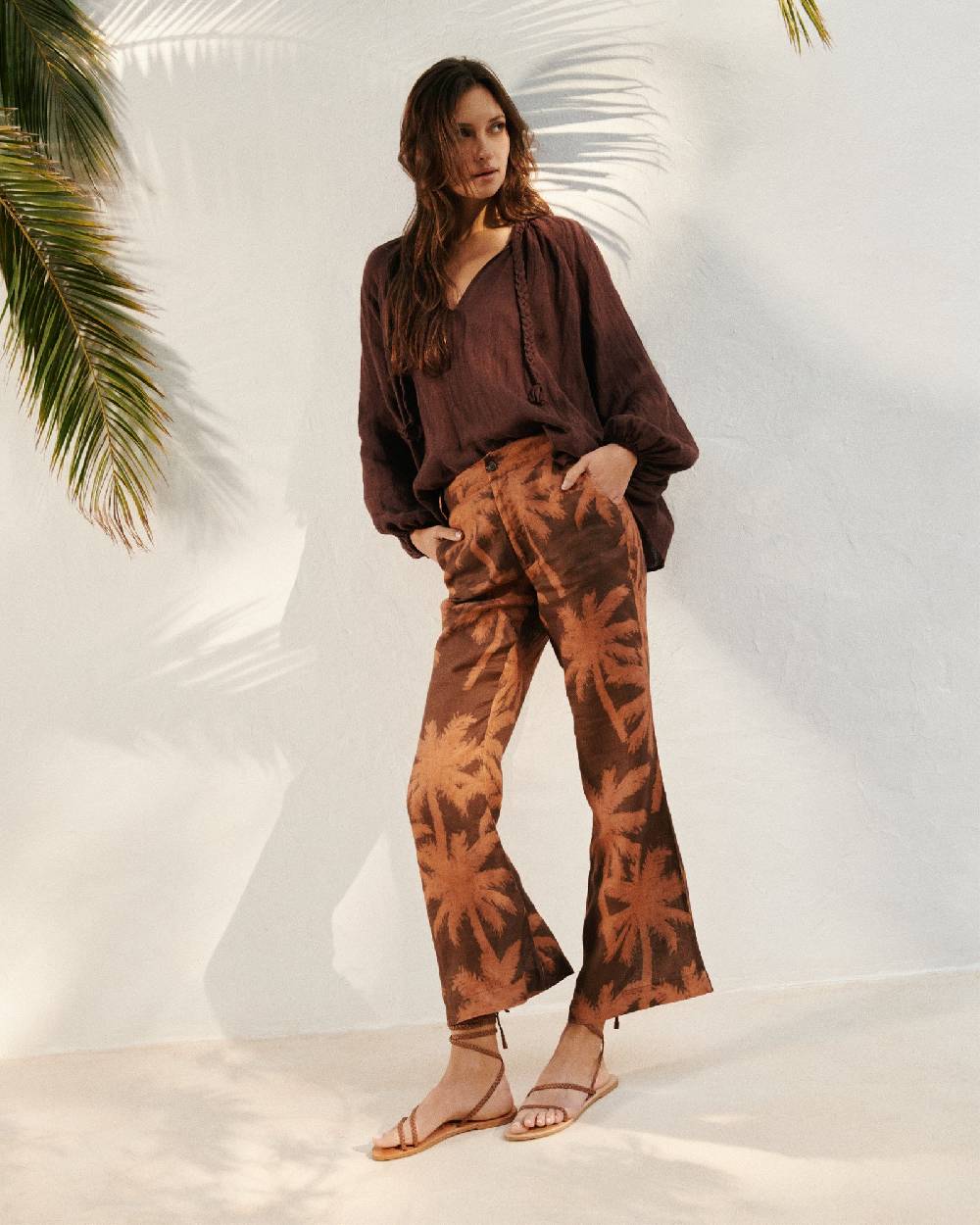 Manebí Printed Linen|Salamanca Trousers - Cocoa \u0026 Orange Rust Maxi Palm Sconti questo mese