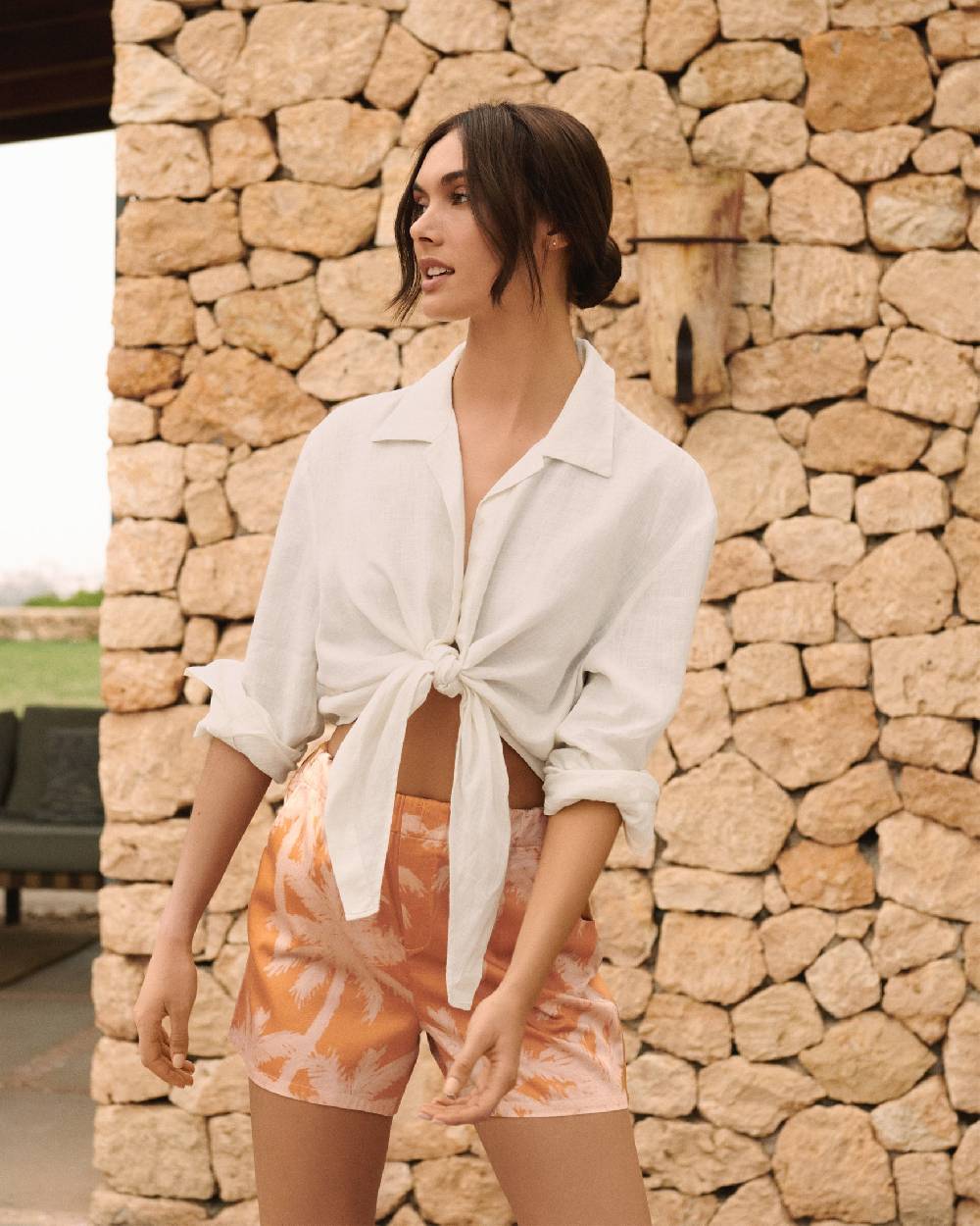 Manebí Printed Cotton|Bora Bora Shorts - Sunbaked \u0026 Cream Pink Maxi Palm Italy