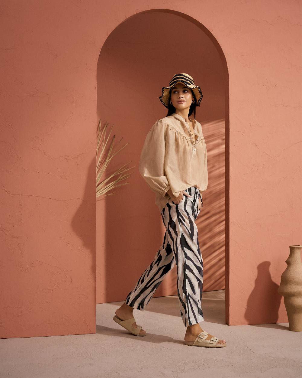 Manebí Printed Cotton Silk Voile|Belem Trousers - Elasticated Waistband Black Off White Maxi Zebra Vendita
