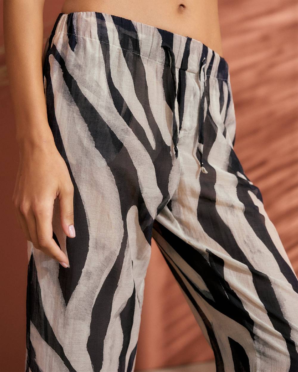 Manebí Printed Cotton Silk Voile|Belem Trousers - Elasticated Waistband Black Off White Maxi Zebra Vendita