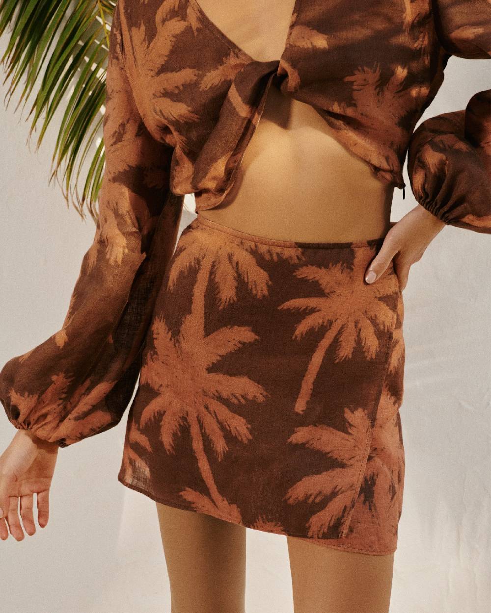 Manebí Printed Linen Posadas Skirt - Cocoa And Orange Rust Maxi Palm Promozione