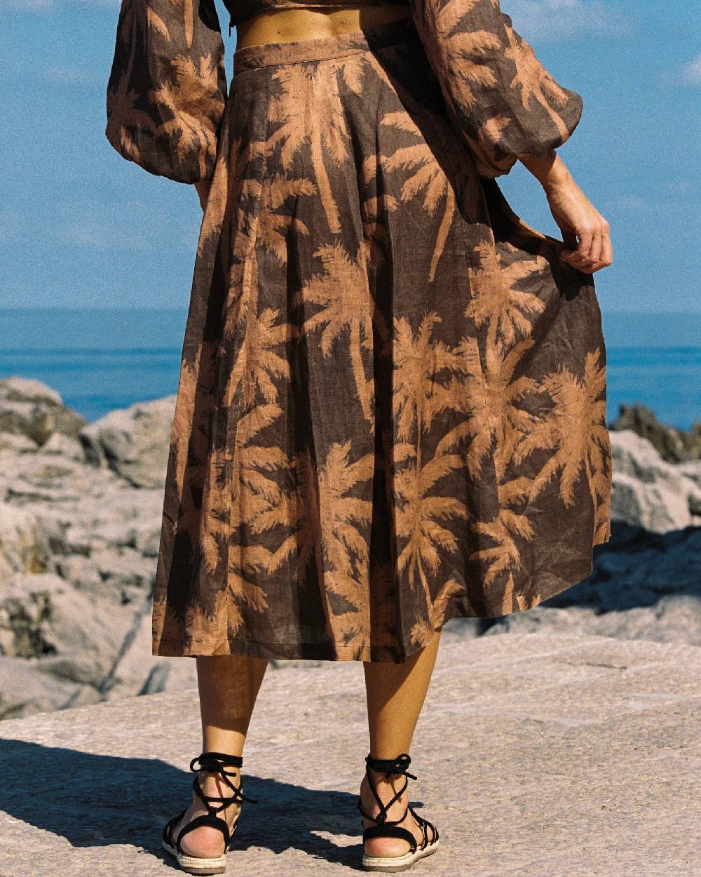 Manebí Printed Linen Cordoba Skirt - Cocoa And Orange Rust Maxi Palm Pezzi Unici