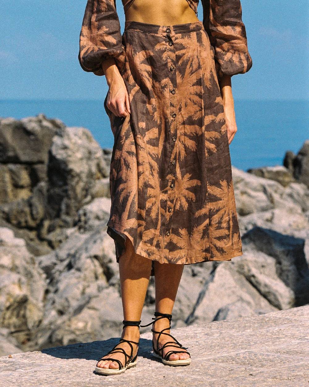 Manebí Printed Linen Cordoba Skirt - Cocoa And Orange Rust Maxi Palm Pezzi Unici