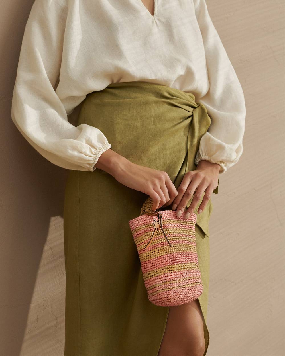 Manebí Linen Lencois Skirt - Wraparound design with knot Kaki Green Negozi Online