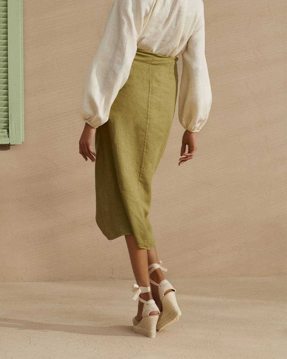 Manebí Linen Lencois Skirt - Wraparound design with knot Kaki Green Negozi Online