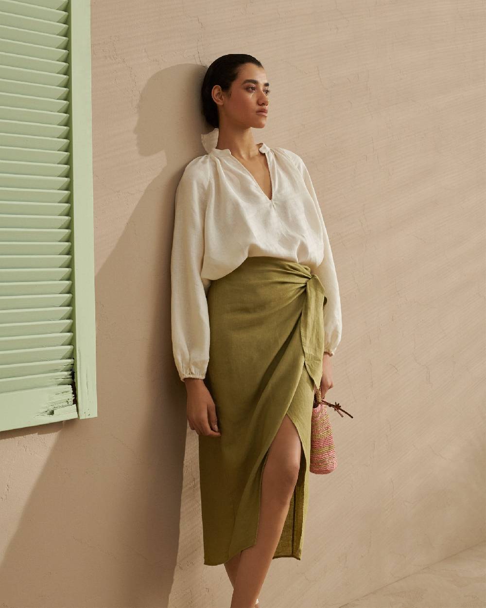 Manebí Linen Lencois Skirt - Wraparound design with knot Kaki Green Negozi Online