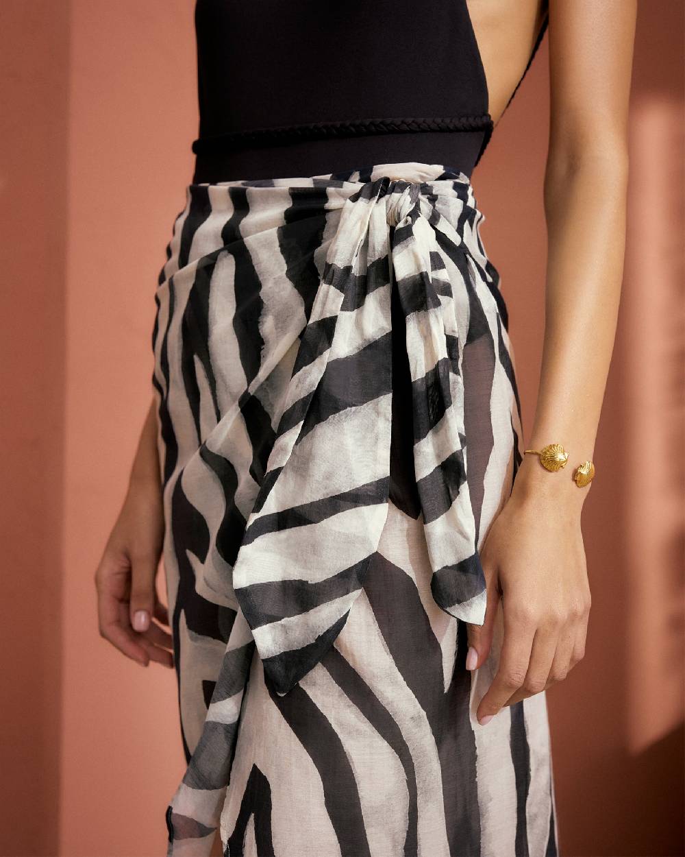 Manebí Printed Cotton Silk Voile|Lencois Skirt - Wraparound Design with Knot Black Off White Maxi Zebra Consegna Veloce