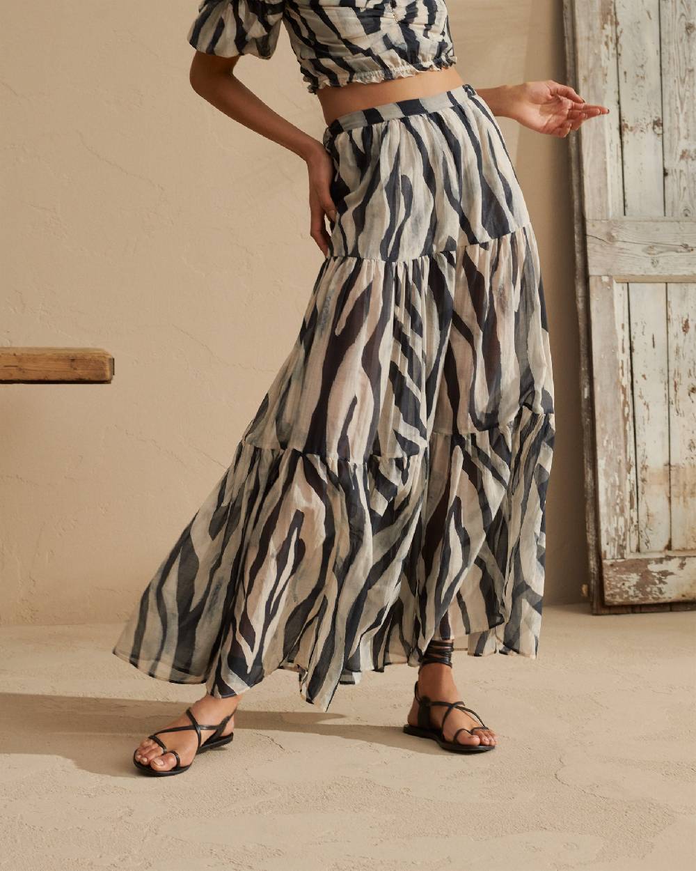 Manebí Printed Silk Cotton Cotton|Voile Recife Skirt - With Ruffles Black Off White Maxi Zebra Promozione Limitata