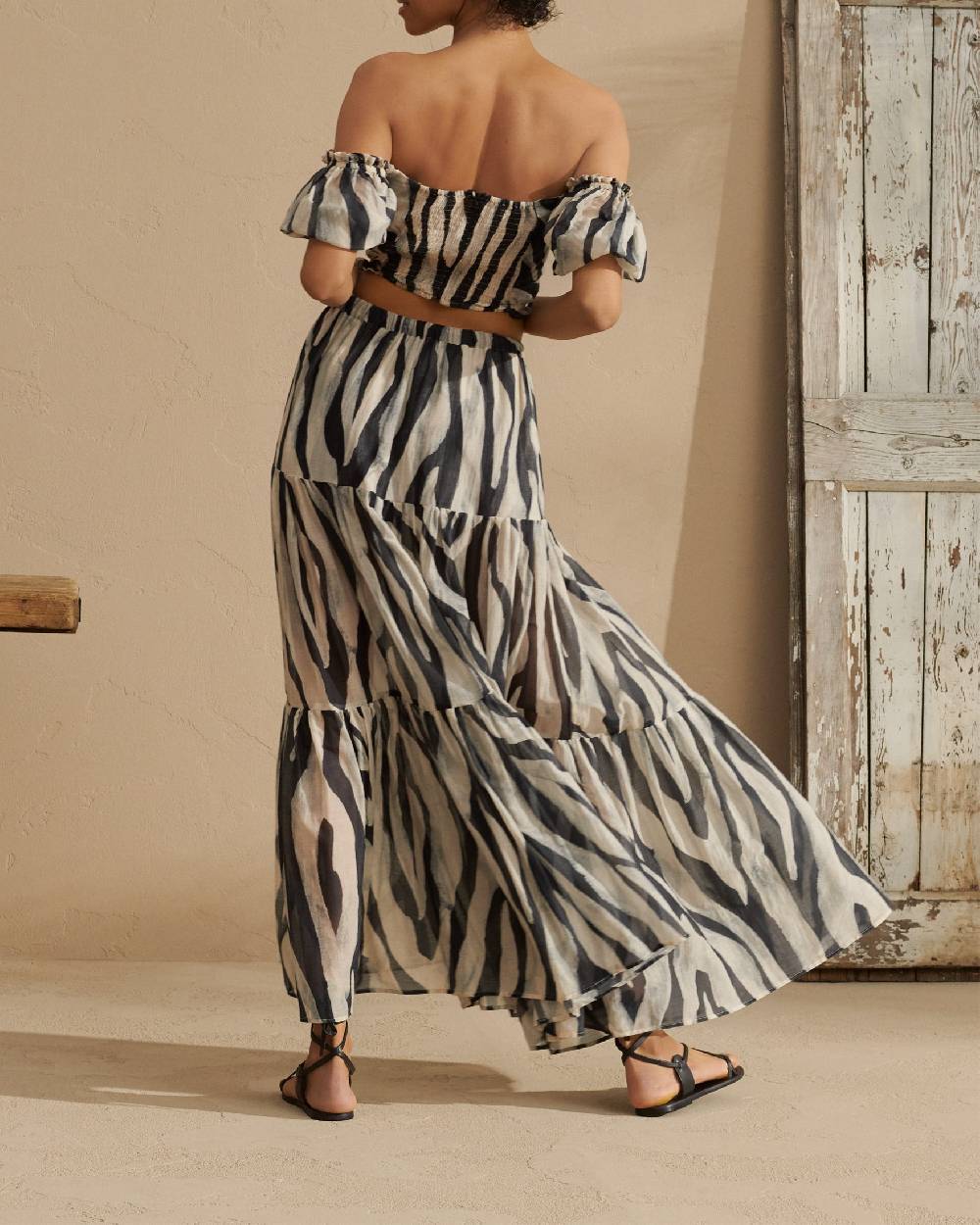 Manebí Printed Silk Cotton Cotton|Voile Recife Skirt - With Ruffles Black Off White Maxi Zebra Promozione Limitata