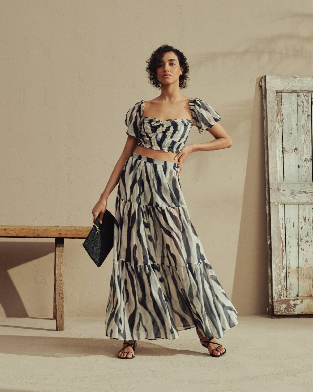 Manebí Printed Silk Cotton Cotton|Voile Recife Skirt - With Ruffles Black Off White Maxi Zebra Promozione Limitata