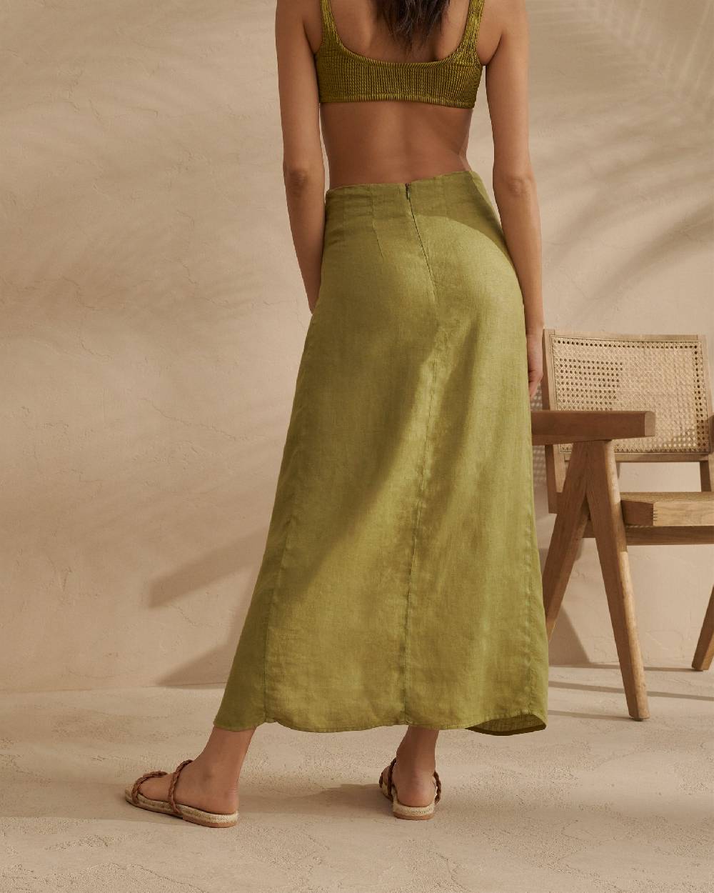 Manebí Linen Trancoso Skirt - With Lateral Slit Kaki Green Fino Al -60%